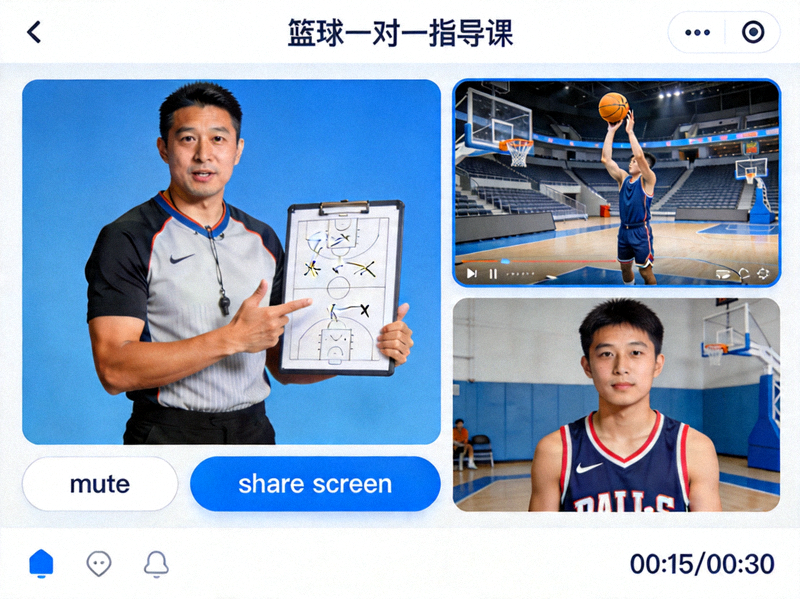 一位专业篮球教练进行一对一线上视频指导课程界面示意